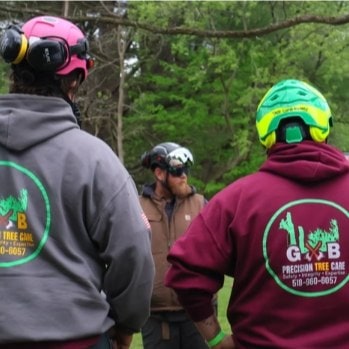 Three GXB Precision Tree Care crew members in branded hoodies and climbing helmets on a job site in Dutchess County, NY