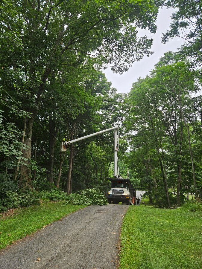 GXB Precision Tree Care bucket truck with boom arm fully extended during tree removal in Dutchess County, NY