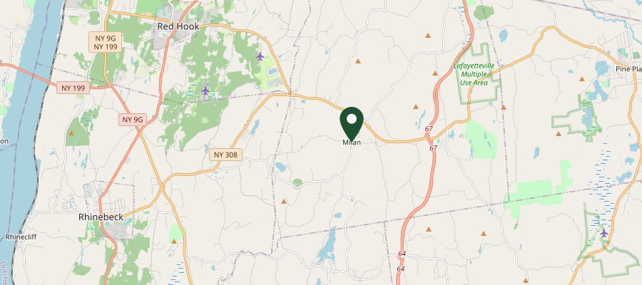 Locator map showing Milan, NY, within the GXB Precision Tree Care service area in Dutchess County
