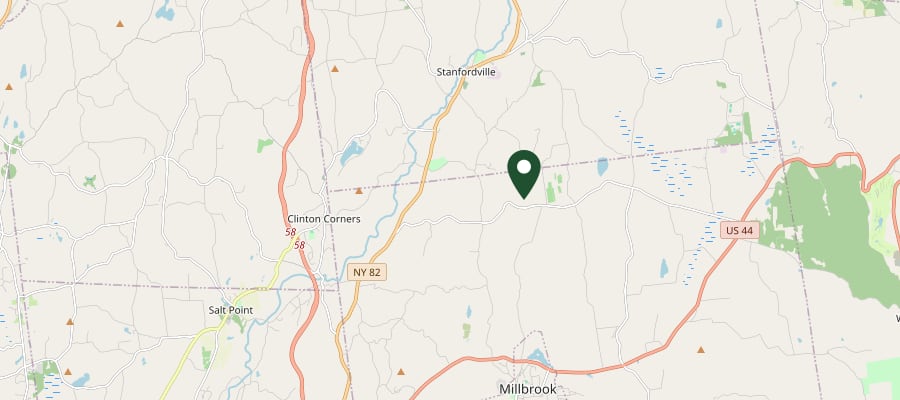 Locator map showing Millbrook, NY, within the GXB Precision Tree Care service area in Dutchess County