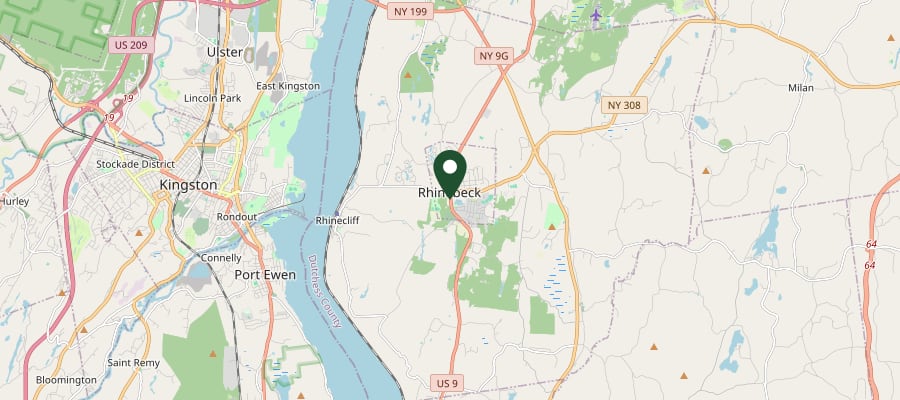 Locator map showing Rhinebeck, NY, within the GXB Precision Tree Care service area in Dutchess County