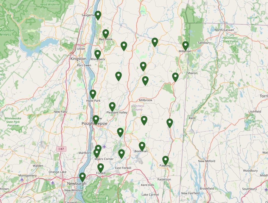 Map of the 23 Dutchess County, NY towns served by GXB Precision Tree Care, from Beacon in the south to Tivoli in the north