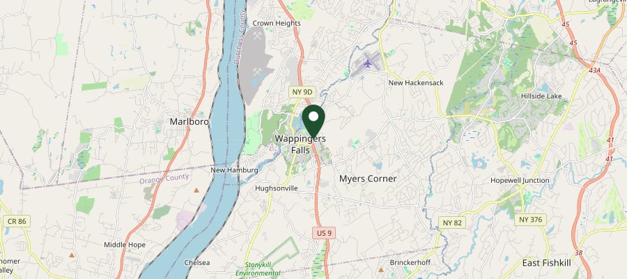 Locator map showing Wappingers Falls, NY, within the GXB Precision Tree Care service area in Dutchess County